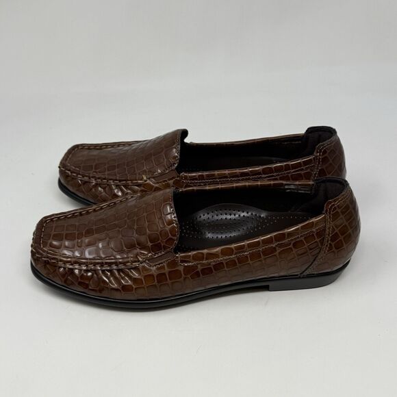SAS Joy Loafers Womens 6.5 W Wide Brown Leather Croc Slip On Casual Comfort USA - Picture 4 of 15